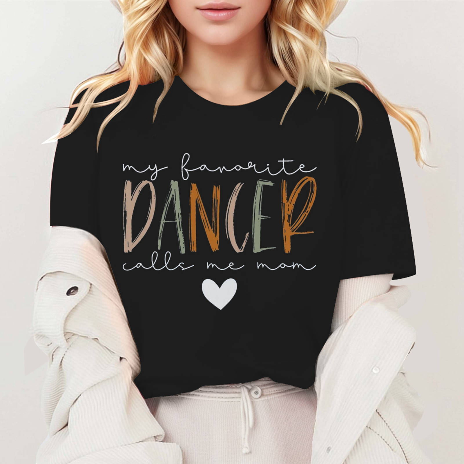 thumbnail image 2 of Camiseta «My Favorite Dancer Call Me Mom» (Mi bailarina favorita, llámame mamá): cuello redondo, estampado a doble cara, versátil para ocasiones informales y fiestas, lavable a máquina, corte favor, 2 of 4